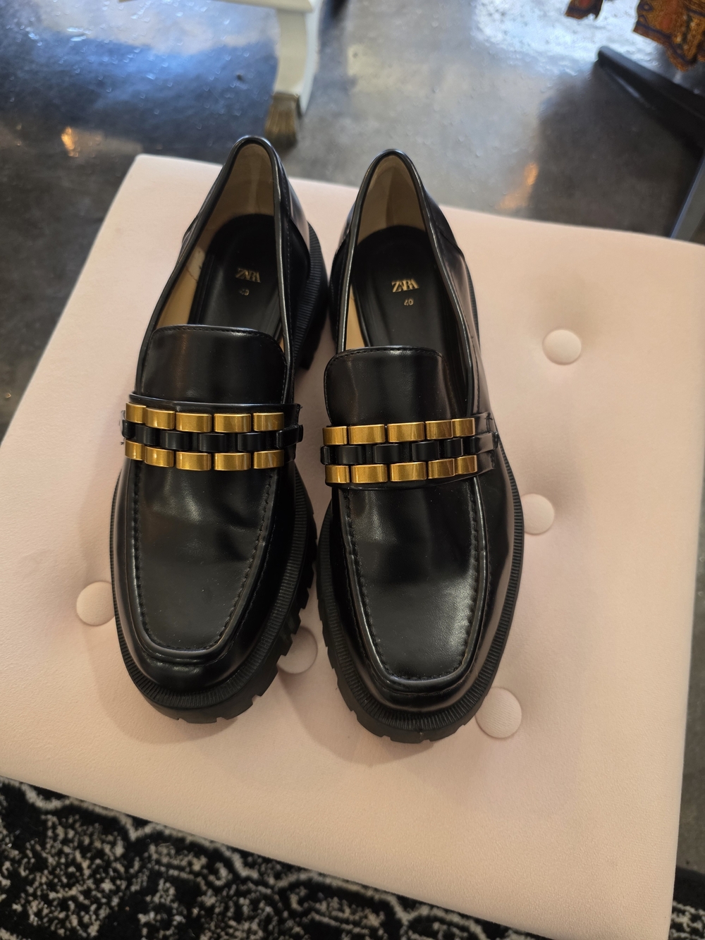 Zara Black Leather Lug Sole Loafers with Gold Accent